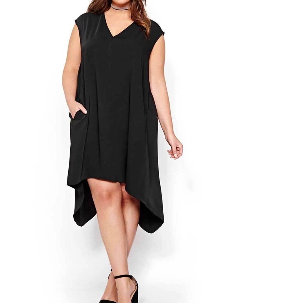 Rachel Roy Black V Neck Cap Sleeve Asymmetrical‎ Hem Midi Dress Size M